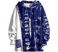 Covisoty Men's Hoodie Techwear Hip Hop Urban Streetwear Hoodies Print Patchwork Long Sleeve Pullover Japanese Sweatshirt Autumn Winter Blue 3XL