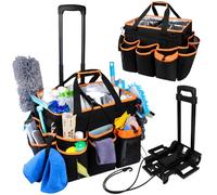 COVKEV Rolling Cleaning Caddy with Wheels& Built-in Board, Extra Large Cleaning Caddy Bag with Detachable Trolley, Water Resistant Lining Cleaning Supplies Organizer on Wheels for Housekeepers (Black)