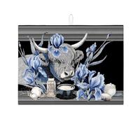 Cow and Floral Dish Drying Mats For Kitchen Counter, Blue Floral Absorbent Dish Drainer Rack Mat, Rustic Microfiber Drying Pad For Kitchen Counter Coffee Bar Protector 18x24 Inch