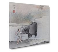 Cow at the Rivers Edge by Hashimoto Gaho Asian Japanese Canvas Wall Art Print Ready to Hang, Framed Picture for Living Room Bedroom Home Office Décor, 20x20 Inch (50x50 cm)