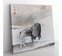 Cow at the Rivers Edge by Hashimoto Gaho Asian Japanese Canvas Wall Art Print Ready to Hang, Framed Picture for Living Room Bedroom Home Office Décor, 35x35 cm (14x14 Inch)
