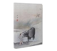Cow At The Rivers Edge By Hashimoto Gaho Asian Japanese Canvas Wall Art Print Ready to Hang, Framed Picture for Living Room Bedroom Home Office Décor, 24x16 Inch (60x40 cm)