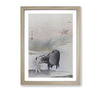 Cow At The Rivers Edge By Hashimoto Gaho Asian Japanese Framed Wall Art Print, Ready to Hang Picture for Living Room Bedroom Home Office Décor, Oak A4 (34 x 25 cm)