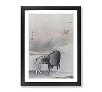 Cow At The Rivers Edge By Hashimoto Gaho Asian Japanese Framed Wall Art Print, Ready to Hang Picture for Living Room Bedroom Home Office Décor, Black A4 (34 x 25 cm)