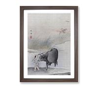 Cow At The Rivers Edge By Hashimoto Gaho Asian Japanese Framed Wall Art Print, Ready to Hang Picture for Living Room Bedroom Home Office Décor, Walnut A4 (34 x 25 cm)