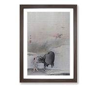 Cow at The Rivers Edge by Hashimoto Gaho Framed Print | A2 Walnut Framed Wall Art | Ready to Hang | Modern Animal Picture | Living Room Bedroom Lounge Office