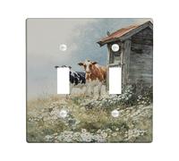 Cow Bathroom Double Light Switch Cover Plate, Rustic Natural Barn Daisies Fall Green Plastic Standard Size Switch Plate Decorative for Living Room Bedroom Home Office Decor