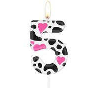 Cow Birthday Candles, Cow Print 5 Birthday Number Candles, Pink Heart Number 5 Candle for Cake, Cowgirls Party Decorations,Farm Animal Themed for Girls Boys 5th Birthday Party Decorations Supplies