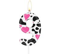Cow Birthday Candles, Cow Print 9 Birthday Number Candles, Pink Heart Number 9 Candle for Cake, Cowgirls Party Decorations,Farm Animal Themed for Girls Boys 9th Birthday Party Decorations Supplies