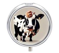 Cow Black and White Spot Pill Box - 3 Compartment Travel Pill Organizer with Small Mirror, Portable Pillcase for Pocket & Purse, Cute Round Medicine Case, Weekly Medicine Container