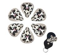 Cow black spot Guitar Picks 6 Pack, 0.71mm Thickness Celluloid Bass Pick with Leather Guitar Pick Holder Keychain Abstract Art Pics Plectrum for Acoustic Electric Guitar, Ukulele, Bass