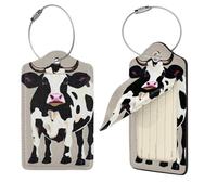 Cow Black spot Luggage Tag PU Leather Suitcase Tags Identifiers Travel Tags with Privacy Protection and Stainless Steel Loop Luggage Bag Tag for Women Men, Black, 2 Pcs