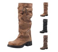Cow Boy Boots Womens Long Suede Womens Long Riding Boots Chunky Low Block Boot With Buckle Retro Knee-High Boot Tall Cowgirl Booties Comfortable Winter Booties Fall Western Bootie