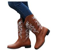 Cow Boy Boots Womens Wide Calf Western Cowboy Boots Wide Fit Low Heel Square Toe Mid Boot Comfortable Embroidered Cowgirls Shoes Booties for Women (Brown, 6.5)