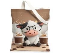 Cow Canvas Tote Bag for Women, Cute Playful Coffee Glasses N/a Brown Washable Reusable Graphic Tote Bag Ideas for Outdoor Travel Workday Reading 13x15 Inch
