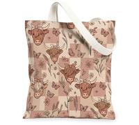 Cow Canvas Tote Bag for Women, Farmhouse Rustic Butterfly Flower Spring Beige Washable Reusable Small Tote Bag Ideas for Fa, Beige, 13x15 Inch