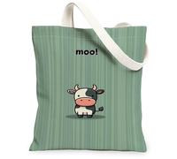 Cow Canvas Tote Bag for Women, Playful Cute Stripes Moo None Green Washable Reusable Aesthetic Tote Bag Ideas for Shopping Trips Office Library Casual 13x15 Inch