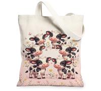Cow Canvas Tote Bag for Women, Playful Fanciful Flower Butterfly Spring Peach Washable Reusable Everyday Tote Bag Ideas for, Peach, 13x15 Inch