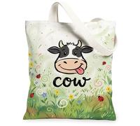 Cow Canvas Tote Bag for Women, Playful Fanciful Ladybug Flower Spring Green Washable Reusable Shopping Bag Ideas for Outdoor Travel Workday Reading 13x15 Inch