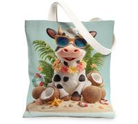 Cow Canvas Tote Bag for Women, Summer Tropical Coconut Starfish Summer Turquoise Washable Reusable Market Tote Bag Ideas for Family Friends Colleagues Reading Loves 13x15 Inch