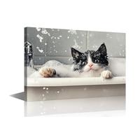 Cow Cat Portrait Home Wall Decor Cat in a Bathtub Posters for Room Aesthetic Animals Bubbles Bathroom Wall Decor Animals Poster Prints Contemporary Home Decor Framed Ready to Hang (12"Wx18"H)