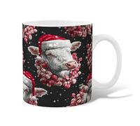 Cow Ceramic Coffee Mug, Christmas Festive Santa Hat Peppermint Christmas Red Novelty Office Drinking Cup with Handle Gift for Friends Family Lovers Eldership Senior Co-Worker 15 Oz