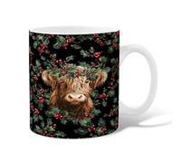 Cow Ceramic Coffee Mug, Christmas Rustic Holly Berries Christmas Green Novelty Tea Mug with Handle Gift for Friendship Family Colleague Staff Sweetheart Teachers 15 Oz