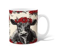 Cow Ceramic Coffee Mug, Christmas Rustic Poinsettia Leaves Christmas Red Novelty Tea Cup with Handle Gift for Friendship Family Colleague Staff Sweetheart Teachers 15 Oz
