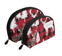 Cow Deer Tree Christmas Print Makeup Bag Set 2-Piece Portable Clutch Pouch Travel Cosmetic Pouches Toiletry Bags for Daily Storage & Travel Organization
