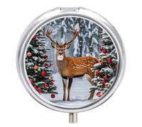 Cow Deer Trees Christmas Pill Box Case 3 Compartment Travel Medicine Pill Organizer 3x A Day Portable Vitamin Organizer with Mirror Small Pillbox for Purse & Pocket Cute Daily Medicine Container Metal