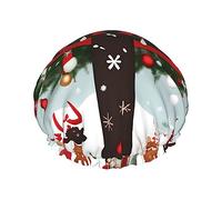Cow Deer Trees Christmas Reusable Shower Cap,Double Layer Water Shower Non Wetting Hair Cap,Large Size For All Hair Lengths