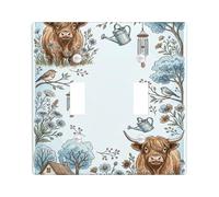 Cow Double Light Switch Cover Plate, Rustic Country Bird Watering Can Spring Blue Plastic Standard Size Decorative Wall Plates for Bedroom Bathroom Kitchen Entrance Decor