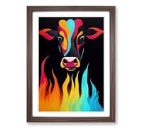Cow Flame Art Framed Print | A2 Walnut Framed Wall Art | Ready to Hang | Modern Animal Picture | Living Room Bedroom Lounge Office