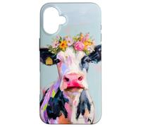 Cow Flower Crown Portrait Artwork Pet Gift Case for iPhone 16 Plus