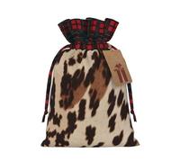 Cow Fur Print Christmas Drawstring Linen Gift Bag Paired With Scottish Plaid Fabric, With A Delicate And Simple Texture