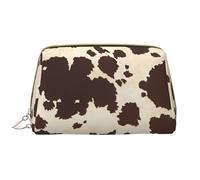 Cow Fur Print Leather Cosmetic Bag, Waterproof Cute Travel Toiletry Zipper Bag, Women's Cosmetic Storage Bag Set, Brown