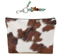 Cow Fur Print Makeup Bag for Women Lady Bestie, Large Capacity Makeup Pouch Travel Organizer Toiletry Cosmetic Bag, Blue Highland Cow Silicone Beaded Keychain with Tassel, Gifts for Women