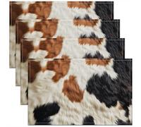 Cow Fur Print Placemats Set of 4 Cowhide Table Mats Western Farm Animal Skin Place Mat for Kitchen Dining Table Party Decor Indoor Outdoor 45X30cm Non-Slip Easy to Clean Farmhouse Black Beige