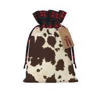 Cow Fur Print Print Christmas Drawstring Gift Bags | Reusable Sturdy Linen Fabric, Plaid Ribbon Closure, With Kraft Gift Tag, Holiday Party Favor Bags For Candy Treats