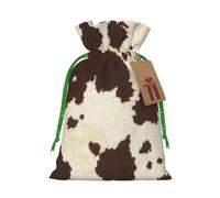 (Cow Fur Print) Printed Christmas S Size Gift Bags with Green Ribbon Drawstring Candy Bags for Kids Xmas Holiday Christmas Eve Presents