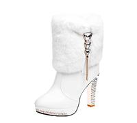 Cow Girl Boots Stylish Vintage Round Toe Walking Booties Mid-Calf Zip-up Platform Shoes for Wedding Outside Dancing Cowgirl Boots for Women White