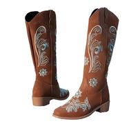 Cow girl boots Women's Boots Embroidered Long Tube Boots Low Heel Calf Waterproof Cold Resistant Comfort Fashion Knight Boots(Brown,37)