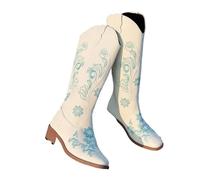 Cow girl boots Women's Boots Embroidered Long Tube Boots Low Heel Calf Waterproof Cold Resistant Comfort Fashion Knight Boots(White,38)