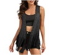 Cow Girl Outfit Women Fringed Waistcoat Cowgirl Outfit Solid Color Fringe Top Open Front Sleeveless Gilets Jacket Y2K Hippie Waistcoat Vest Tassel Faux Suede Sleeveless Jacket XL Black