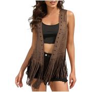 Cow Girl Outfit Women Fringed Waistcoat Cowgirl Outfit Solid Color Fringe Top Open Front Sleeveless Gilets Jacket Y2K Hippie Waistcoat Vest Tassel Faux Suede Sleeveless Jacket S Coffee