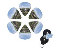 Cow Grassland Guitar Picks 6 Pack, 0.71mm Thickness Celluloid Bass Pick with Leather Guitar Pick Holder Keychain Abstract Art Pics Plectrum for Acoustic Electric Guitar, Ukulele, Bass