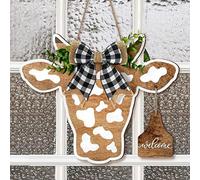 Cow Head Door Wreath Sign Welcome Front Door Hanger Farmhouse Spring Calf Front Porch Decor Cow Gifts Buffalo Plaid Bow Artificial Leaves Welcome Home Decorations for Restaurant Wall, 13.4 x 11 Inches