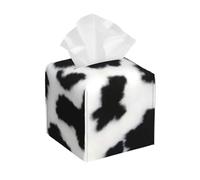 Cow Hide Spotted Fur Farm Animal Pattern Black White Square Leather Tissue Box Cover Premium Decorative Organizer with Non-Slip Base for Bathroom Vanity Nightstand Countertop