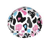 Cow Hide With Hearts Moo Love Double Layer Waterproof Shower Cap, Extra Large Soft Elastic Band, Reusable Bath Cap For Women Men,Full Print Design