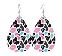 Cow Hide With Hearts Moo Love Piercing Teardrop Earrings Set, Fashion Leather Earrings Dangle Hoop For Women Birthday Party Jewelry Gift